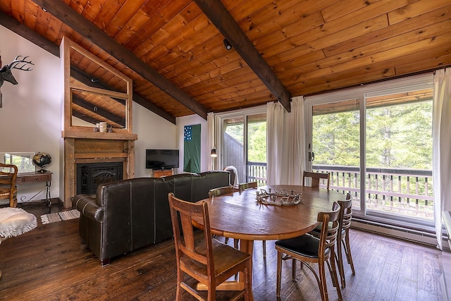 46 Murray Hill Heights Rd Unit 17, Manchester, VT 05255 - dining area featuring dark wood-type flooring, wooden ceiling, and a fireplace