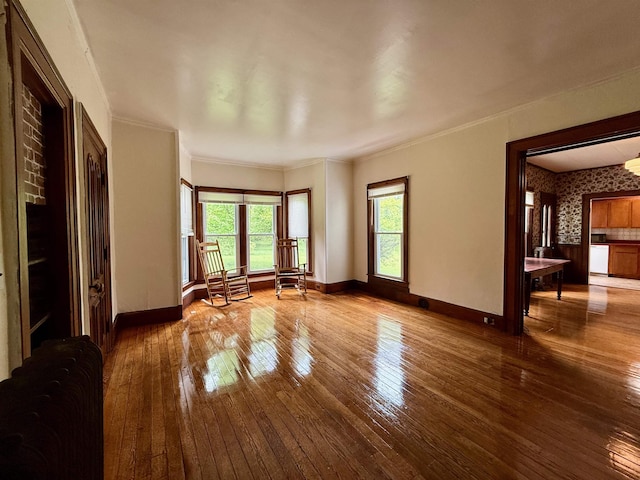 927 Water St, Bennington, VT 05257 - unfurnished living room featuring wood-type flooring, baseboards, and ornamental molding