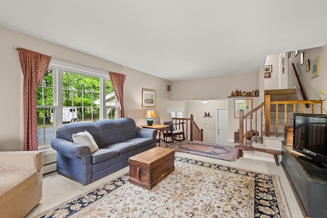 55 Honey Hill Rd, Hinesburg, VT 05461 - living room featuring baseboard heating, carpet floors, and stairs