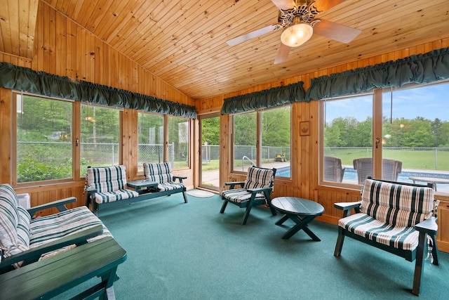 55 Honey Hill Rd, Hinesburg, VT 05461 - sunroom / solarium with carpet flooring, lofted ceiling, wooden walls, wooden ceiling, and a ceiling fan