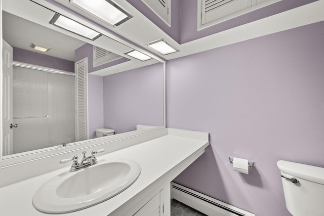 55 Honey Hill Rd, Hinesburg, VT 05461 - full bath with a baseboard heating unit, toilet, a shower with door, and vanity