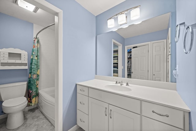 55 Honey Hill Rd, Hinesburg, VT 05461 - bathroom with vanity, toilet, shower / bath combination with curtain, a closet, and baseboards