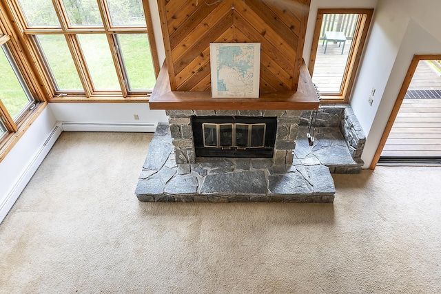46 Willows Way Unit 5, Peru, VT 05152 - detailed view of carpet, a baseboard heating unit, a fireplace, and baseboards
