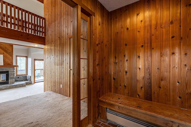 46 Willows Way Unit 5, Peru, VT 05152 - mudroom with wooden walls, a fireplace, and carpet