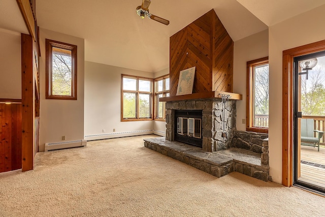 46 Willows Way Unit 5, Peru, VT 05152 - unfurnished living room with carpet flooring, baseboard heating, a ceiling fan, plenty of natural light, and vaulted ceiling