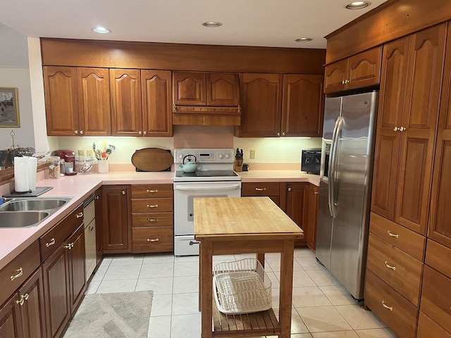 87 Chase Point Rd, Tuftonboro, NH 03853 - kitchen featuring white electric range, stainless steel refrigerator with ice dispenser, a sink, light tile patterned floors, and recessed lighting