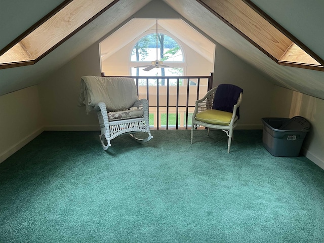 87 Chase Point Rd, Tuftonboro, NH 03853 - sitting room featuring carpet, baseboards, lofted ceiling, and a ceiling fan
