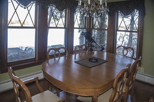 34 Baker Ave, Deerfield, NH 03037 - dining area featuring a chandelier, plenty of natural light, wood finished floors, and a baseboard heating unit