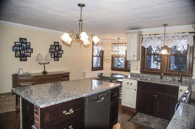 34 Baker Ave, Deerfield, NH 03037 - kitchen featuring dishwashing machine, a sink, a chandelier, dark wood-style flooring, and light stone counters