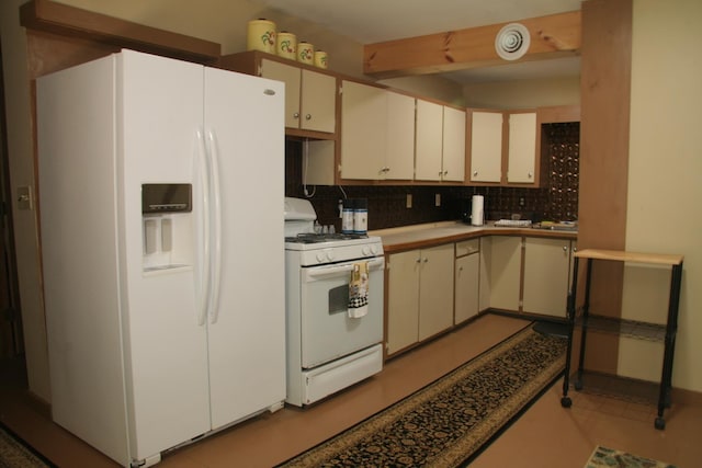 1083 Back Center Rd, Lyndon, VT 05851 - kitchen with white appliances, backsplash, beamed ceiling, and light countertops