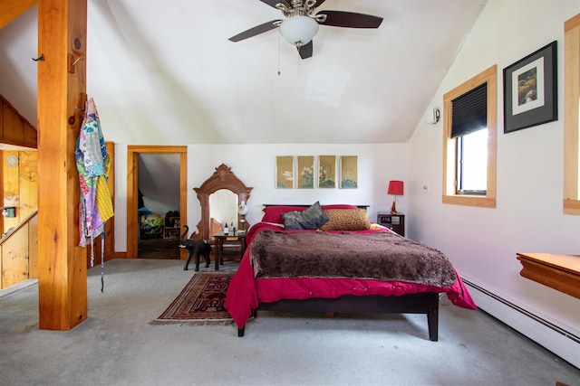 304 Green Bay Loop, Peacham, VT 05862 - bedroom featuring carpet floors, a baseboard heating unit, lofted ceiling, and a ceiling fan