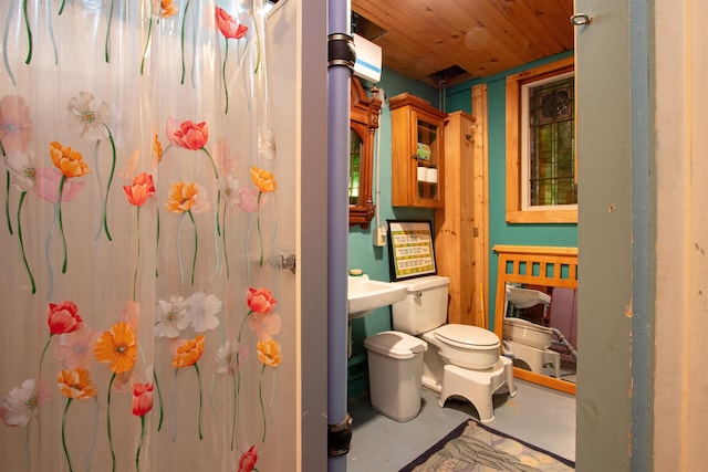 304 Green Bay Loop, Peacham, VT 05862 - full bath with concrete floors, wood ceiling, toilet, and a shower with shower curtain
