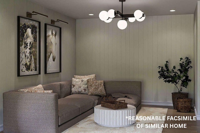 208 Carley Rd, Peterborough, NH 03458 - sitting room featuring a chandelier, wood finished floors, wooden walls, baseboards, and recessed lighting
