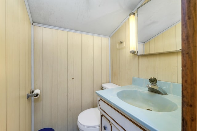 124 Hanson Rd, Ossipee, NH 03864 - bathroom featuring vanity, toilet, and wood walls
