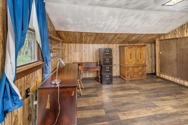 124 Hanson Rd, Ossipee, NH 03864 - home office with lofted ceiling, wood walls, dark wood-style floors, and wood ceiling