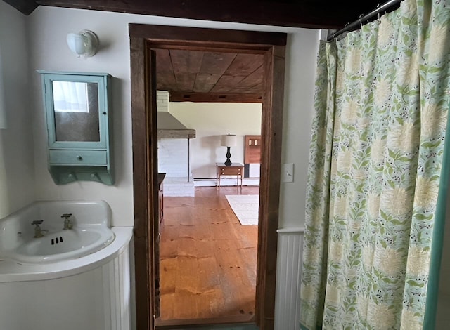 1186 Pucker St Unit 1.5Acres, Stowe, VT 05672 - bathroom featuring a baseboard heating unit, vanity, and curtained shower