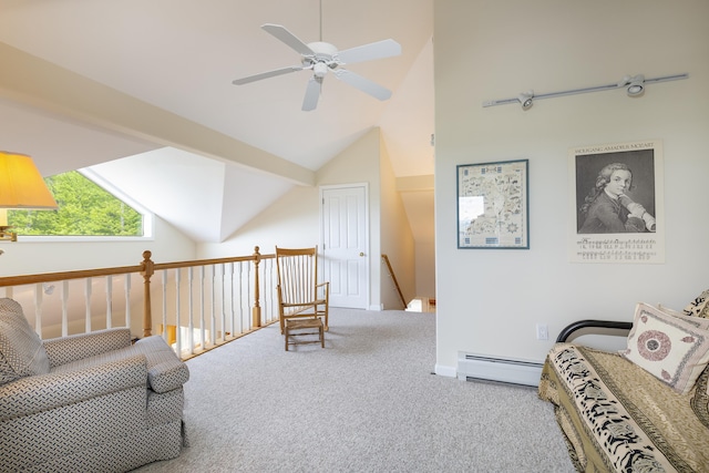24 N Peak Vlg, Newbury, NH 03255 - sitting room with an upstairs landing, carpet, a baseboard heating unit, ceiling fan, and lofted ceiling