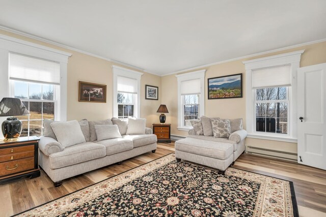 959 Presidential Hwy, Jefferson, NH 03583 - living room featuring baseboard heating, wood finished floors, and crown molding