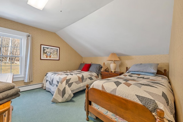 959 Presidential Hwy, Jefferson, NH 03583 - bedroom featuring a baseboard heating unit, carpet, and vaulted ceiling