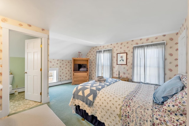 959 Presidential Hwy, Jefferson, NH 03583 - bedroom featuring wallpapered walls, a baseboard radiator, vaulted ceiling, and carpet flooring