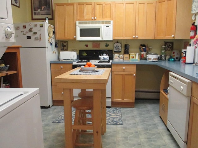 1996 Main St, Bethlehem, NH 03574 - kitchen with white appliances, wood counters, stacked washer / drying machine, and a baseboard radiator