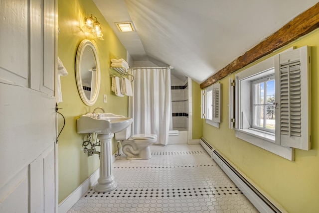 499 Andover Rd, New London, NH 03257 - full bath with a baseboard heating unit, toilet, lofted ceiling, baseboards, and shower / bath combo