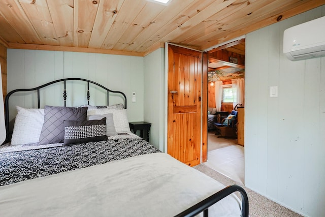 26 Neal Shore Rd, Meredith, NH 03253 - bedroom featuring wooden ceiling, a wall unit AC, wooden walls, and light colored carpet