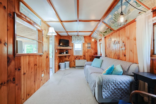 26 Neal Shore Rd, Meredith, NH 03253 - carpeted living room featuring wood walls