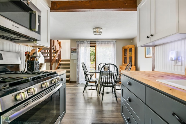 21 Pleasant Dr, Grantham, NH 03753 - kitchen with appliances with stainless steel finishes, wooden counters, dark wood-style flooring, gray cabinetry, and white cabinetry
