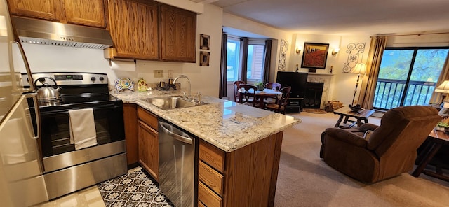 73 Alpine Dr Unit C211, Killington, VT 05751 - kitchen featuring stainless steel appliances, open floor plan, under cabinet range hood, and a sink