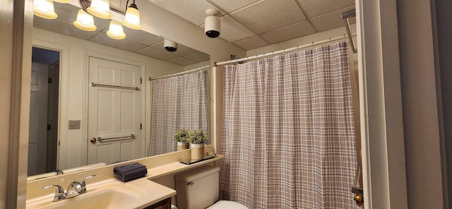 73 Alpine Dr Unit C211, Killington, VT 05751 - full bathroom featuring toilet, a paneled ceiling, vanity, and a shower with shower curtain