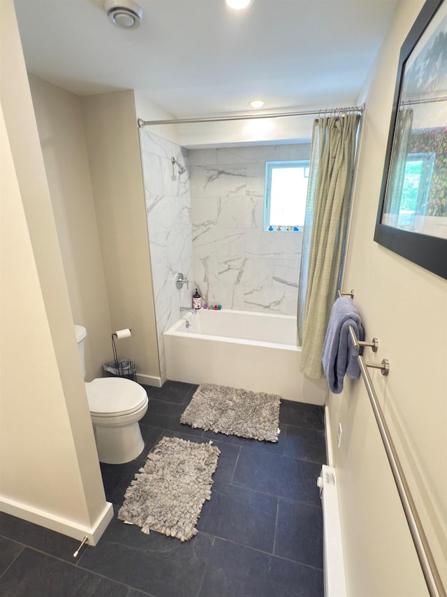 2366 Mountain Rd Unit 3, Stowe, VT 05672 - full bathroom featuring shower / bathtub combination with curtain, toilet, baseboards, tile patterned floors, and recessed lighting