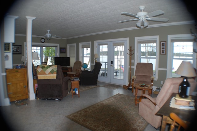 57 Farrants Pt, Newport City, VT 05855 - tiled living area featuring a ceiling fan, french doors, and crown molding