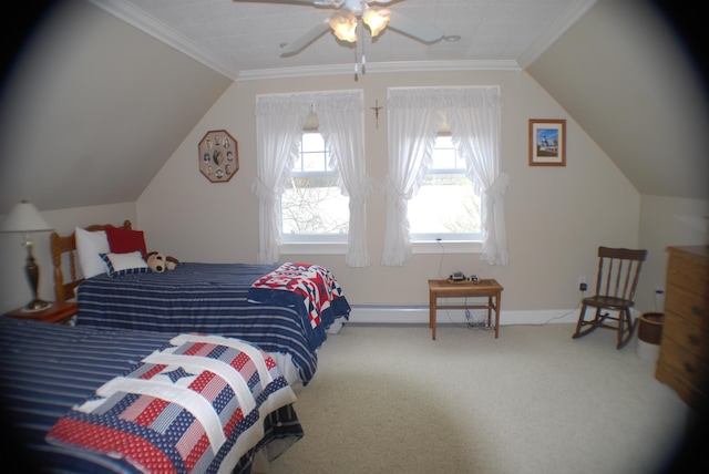 57 Farrants Pt, Newport City, VT 05855 - bedroom with carpet floors, ornamental molding, a baseboard heating unit, a ceiling fan, and baseboards