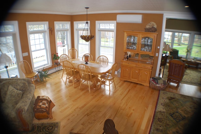 57 Farrants Pt, Newport City, VT 05855 - dining room with a wall mounted air conditioner, ornamental molding, and light wood-style flooring