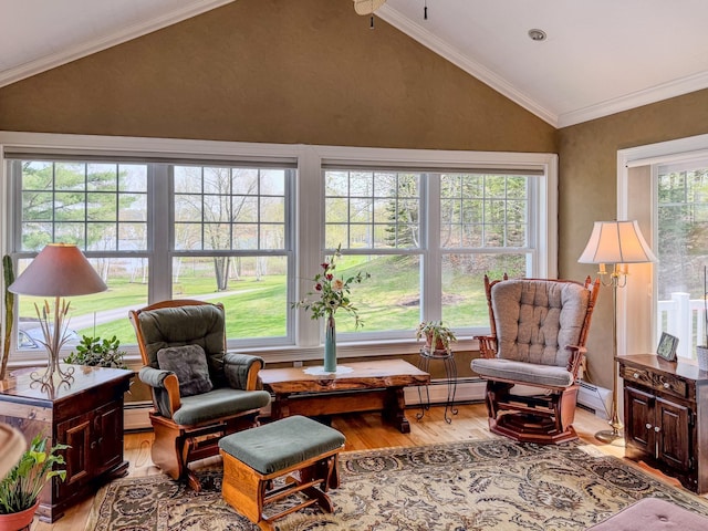 57 Farrants Pt, Newport City, VT 05855 - sunroom / solarium featuring vaulted ceiling, a baseboard heating unit, and a baseboard radiator