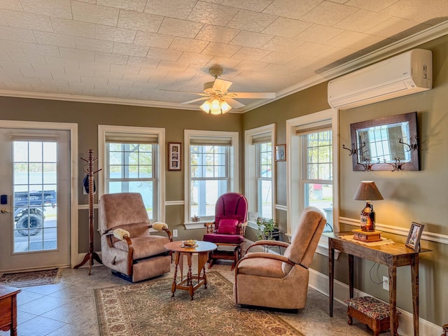 57 Farrants Pt, Newport City, VT 05855 - sitting room featuring a wall mounted AC, ornamental molding, and ceiling fan