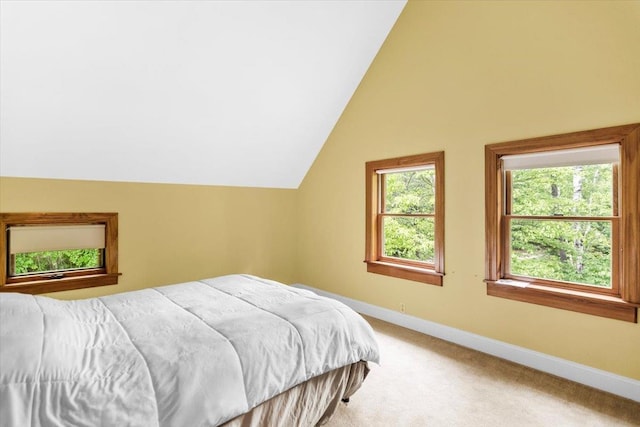 379 Swallow Hill Rd, Pownal, VT 05261 - bedroom with vaulted ceiling, baseboards, and light colored carpet