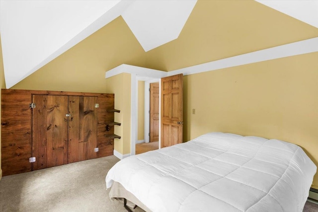 379 Swallow Hill Rd, Pownal, VT 05261 - bedroom featuring carpet floors, vaulted ceiling, baseboard heating, and baseboards