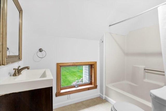 379 Swallow Hill Rd, Pownal, VT 05261 - full bathroom with toilet, vanity, baseboards, tile patterned flooring, and shower / bath combination