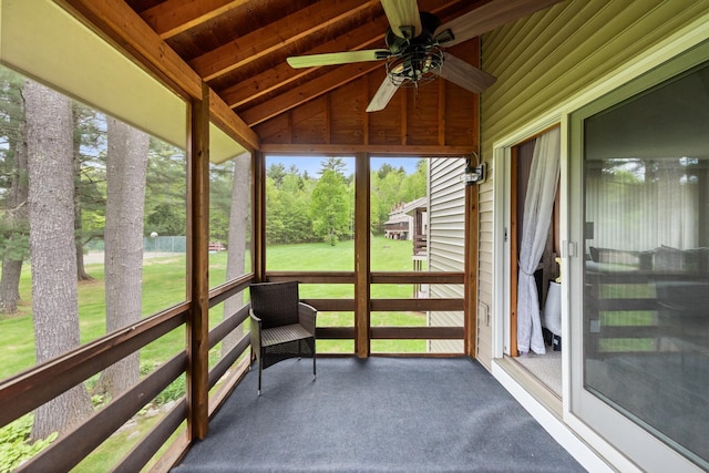 11 Village W Dr Unit 5, Bristol, NH 03222 - sunroom with ceiling fan, vaulted ceiling, and view of scattered trees