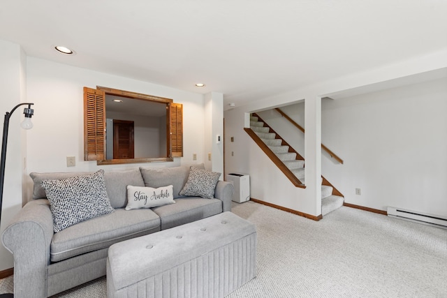 11 Village W Dr Unit 5, Bristol, NH 03222 - carpeted living room with stairway, baseboards, a baseboard heating unit, and recessed lighting