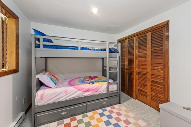 11 Village W Dr Unit 5, Bristol, NH 03222 - bedroom with a baseboard heating unit, carpet floors, a closet, and recessed lighting