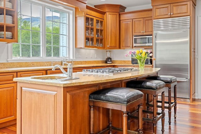 543 Lower Hollow Rd, Dorset, VT 05251 - kitchen with appliances with stainless steel finishes, a kitchen island with sink, glass insert cabinets, light stone countertops, and light wood finished floors
