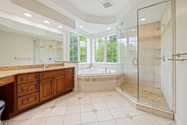 543 Lower Hollow Rd, Dorset, VT 05251 - bathroom with vanity, recessed lighting, a bath, a stall shower, and tile patterned floors