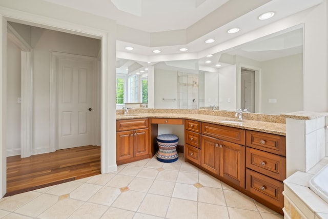 543 Lower Hollow Rd, Dorset, VT 05251 - full bath featuring recessed lighting, vanity, a stall shower, tile patterned flooring, and a tub