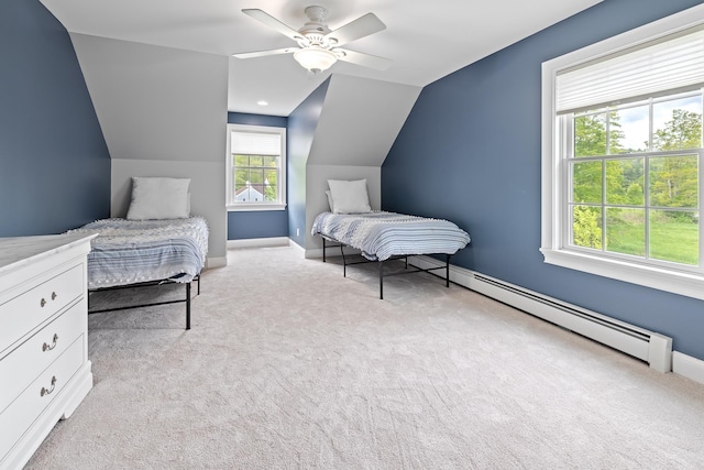 543 Lower Hollow Rd, Dorset, VT 05251 - bedroom with vaulted ceiling, light colored carpet, baseboard heating, and multiple windows