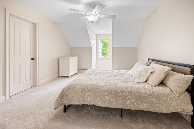 543 Lower Hollow Rd, Dorset, VT 05251 - bedroom with carpet floors, a baseboard radiator, lofted ceiling, baseboards, and a ceiling fan