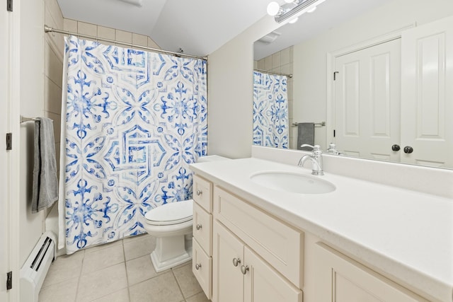 543 Lower Hollow Rd, Dorset, VT 05251 - bathroom with a baseboard heating unit, toilet, vanity, tile patterned floors, and a shower with curtain