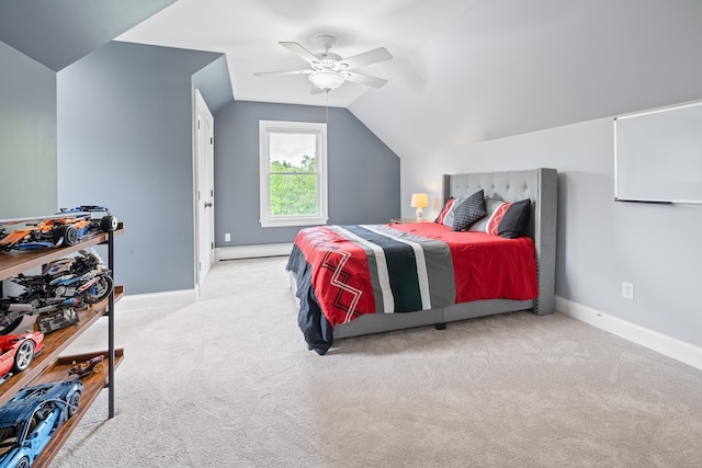 543 Lower Hollow Rd, Dorset, VT 05251 - carpeted bedroom with a baseboard heating unit, vaulted ceiling, baseboards, and ceiling fan